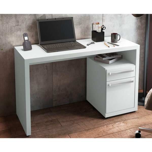Praticidade e conforto você encontra na escrivaninha S970. Um produto de excelente qualidade, que possui um espaço lateral com uma gaveta com corrediças metálicas e uma porta para guardar os objetos necessários para facilitar seu estudo ou trabalho. Seu acabamento é na cor branco brilho.