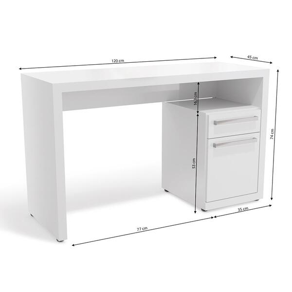 Praticidade e conforto você encontra na escrivaninha S970. Um produto de excelente qualidade, que possui um espaço lateral com uma gaveta com corrediças metálicas e uma porta para guardar os objetos necessários para facilitar seu estudo ou trabalho. Seu acabamento é na cor branco brilho.