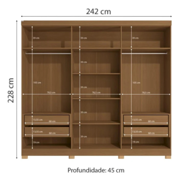 O guarda-roupa de casal com 6 portas, 4 gavetas internas em cor canela traz um bom espaço interno com 02 cabideiros, 02 nichos para sapatos na parte inferior do guarda-roupa, 03 maleiros e 04 nichos para roupas dobradas ou caixas organizadoras. O guarda-roupa é produzido em MDF na escala de brilho fosco, com revestimento e acabamento em pintura touch. Um diferencial no modelo deste guarda-roupa fica para o puxador em cava meia porta, que traz ainda mais charme e estilo para o seu quarto juntamente com os veios na textura em madeira cor canela.