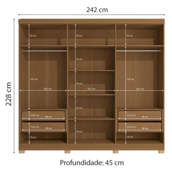 O guarda-roupa de casal com 6 portas, 4 gavetas internas traz um bom espaço interno com 02 cabideiros, 02 nichos para sapatos na parte inferior do guarda-roupa, 03 maleiros e 04 nichos para roupas dobradas ou caixas organizadoras. O guarda-roupa é produzido em MDF na escala de brilho fosco, com revestimento e acabamento em pintura touch. Um diferencial no modelo deste guarda-roupa fica para o puxador em cava meia porta, que traz ainda mais charme e estilo para o seu quarto juntamente com os veios na textura em madeira cor canela e azul profundo trazendo um belo contraste a este mobiliário.