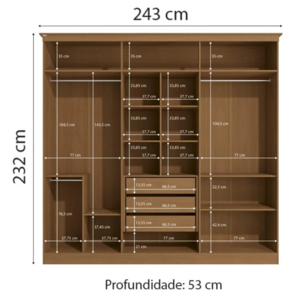 O guarda-roupa de casal com 6 portas, 3 gavetas internas traz um bom espaço interno com 02 cabideiros sendo uma parte para roupas longas, 01 calceiro, 01 nicho para sapatos na parte inferior do guarda-roupa, 03 maleiros e 10 nichos para roupas dobradas ou caixas organizadoras. O guarda-roupa é produzido em MDF na escala de brilho fosco, com revestimento e acabamento em pintura touch. Um diferencial no modelo deste guarda-roupa fica para o puxador em cava meia porta, que traz ainda mais charme e estilo para o seu quarto juntamente com os veios na textura em madeira cor canela.