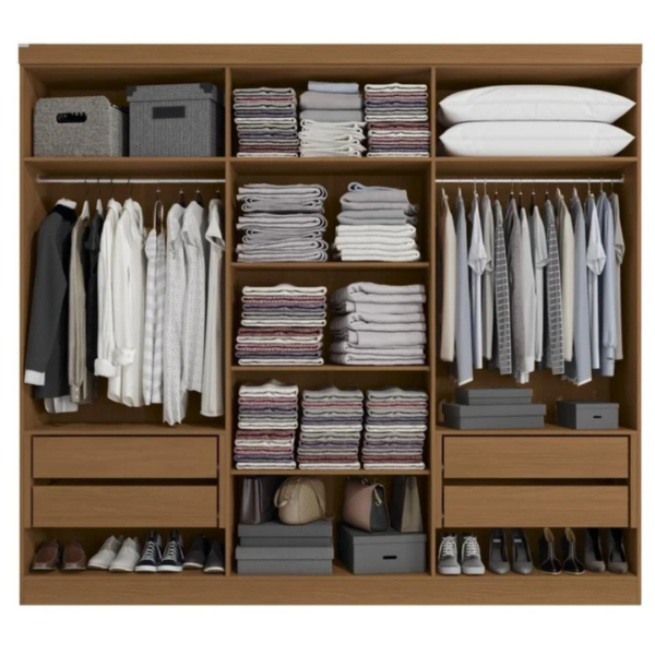 O guarda-roupa de casal com 6 portas, 4 gavetas internas traz um bom espaço interno com 02 cabideiros, 02 nichos para sapatos na parte inferior do guarda-roupa, 03 maleiros e 04 nichos para roupas dobradas ou caixas organizadoras. O guarda-roupa é produzido em MDF na escala de brilho fosco, com revestimento e acabamento em pintura touch. Um diferencial no modelo deste guarda-roupa fica para o puxador em cava meia porta, que traz ainda mais charme e estilo para o seu quarto juntamente com os veios na textura em madeira cor canela e azul profundo trazendo um belo contraste a este mobiliário.