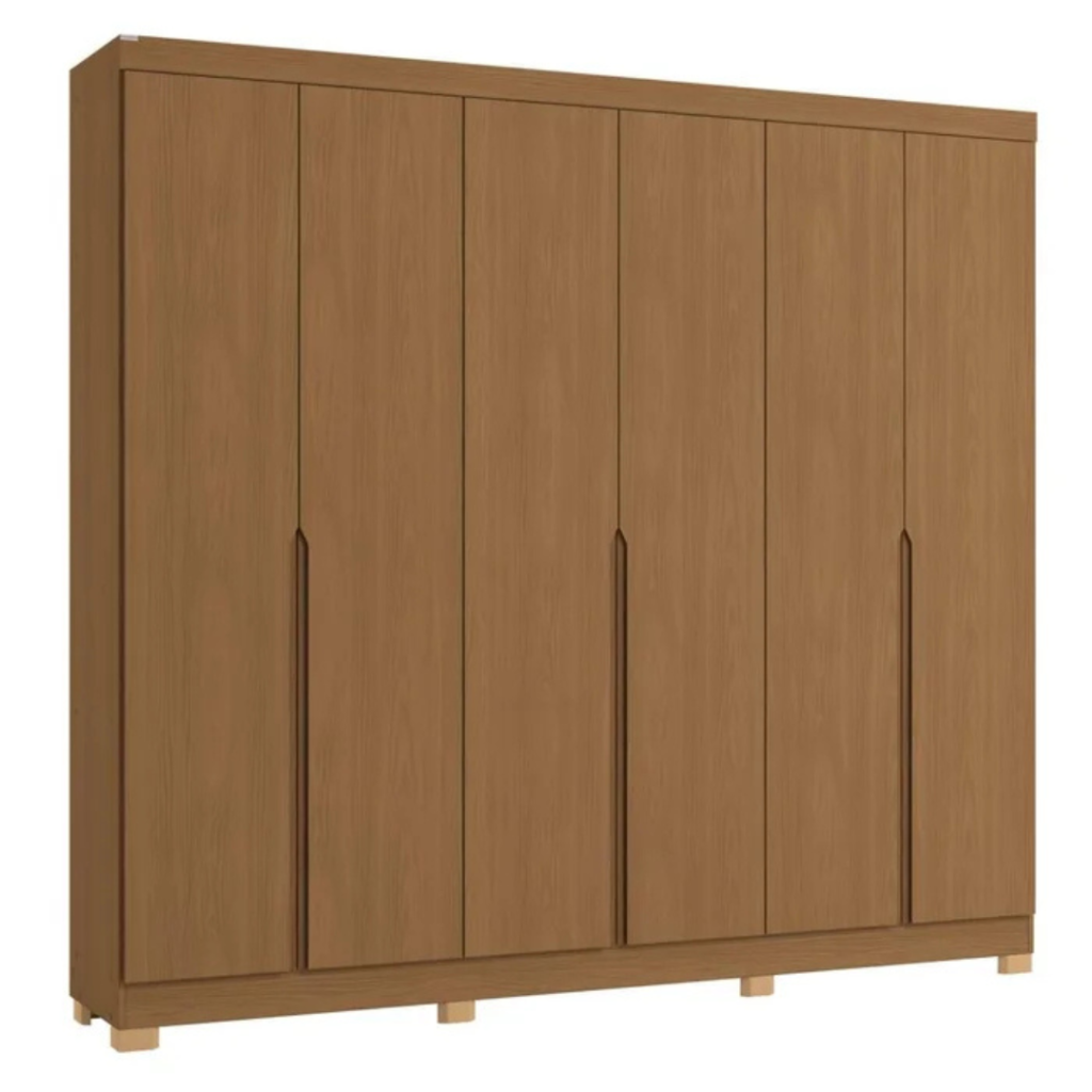 O guarda-roupa de casal com 6 portas, 4 gavetas internas em cor canela traz um bom espaço interno com 02 cabideiros, 02 nichos para sapatos na parte inferior do guarda-roupa, 03 maleiros e 04 nichos para roupas dobradas ou caixas organizadoras. O guarda-roupa é produzido em MDF na escala de brilho fosco, com revestimento e acabamento em pintura touch. Um diferencial no modelo deste guarda-roupa fica para o puxador em cava meia porta, que traz ainda mais charme e estilo para o seu quarto juntamente com os veios na textura em madeira cor canela.