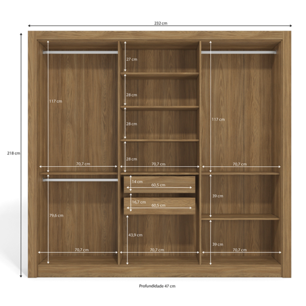 Esse é o modelo de guarda-roupa perfeito para quem quer versatilidade, divisão de espaço e design atual no quarto. Ele é ideal para quarto de solteiro e para quarto de casal, a caixaria possui pintura touch, contando com a textura dos veios da madeira, enquanto as portas possuem acabamento fosco. Uma combinação moderna que deixará seu espaço mais bonito e perfeito. Os puxadores em madeira e a moldura em torno do guarda-roupa deixam ele mais bonito. Ele divide bem o espaço, com nichos de tamanhos diferentes para guardar calçados e roupas nas prateleiras. Os cabideiros são de metal e têm um suporte interno para guardar roupas maiores, como jaquetas e vestidos. Com duas gavetas com corrediças metálicas, você pode guardar roupas pequenas.