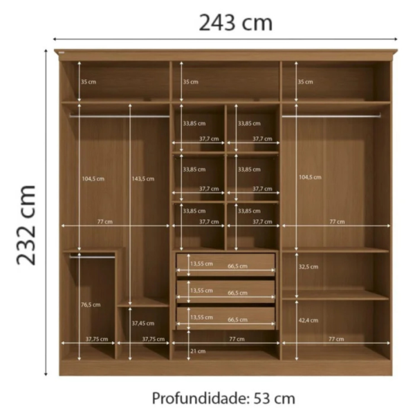 O guarda-roupa de casal com 6 portas, 3 gavetas internas traz um bom espaço interno com 02 cabideiros sendo uma parte para roupas longas, 01 calceiro, 01 nicho para sapatos na parte inferior do guarda-roupa, 03 maleiros e 10 nichos para roupas dobradas ou caixas organizadoras. O guarda-roupa é produzido em MDF na escala de brilho fosco, com revestimento e acabamento em pintura touch. Um diferencial no modelo deste guarda-roupa fica para o puxador em cava meia porta, que traz ainda mais charme e estilo para o seu quarto juntamente com os veios na textura em madeira cor canela e azul profundo.