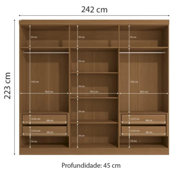 O guarda-roupa de casal com 6 portas, 4 gavetas internas traz um bom espaço interno com 02 cabideiros, 02 nichos para sapatos na parte inferior do guarda-roupa, 03 maleiros e 04 nichos para roupas dobradas ou caixas organizadoras. O guarda-roupa é produzido em MDF na escala de brilho fosco, com revestimento e acabamento em pintura touch. Um diferencial no modelo deste guarda-roupa fica para o puxador em cava meia porta, que traz ainda mais charme e estilo para o seu quarto juntamente com os veios na textura em madeira cor canela e azul profundo trazendo um belo contraste a este mobiliário.