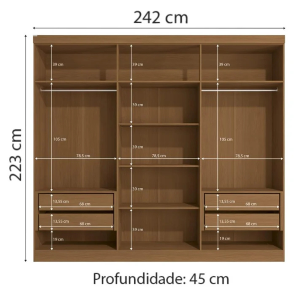O guarda-roupa de casal com 6 portas, 4 gavetas internas em cor canela traz um bom espaço interno com 02 cabideiros, 02 nichos para sapatos na parte inferior do guarda-roupa, 03 maleiros e 04 nichos para roupas dobradas ou caixas organizadoras. O guarda-roupa é produzido em MDF na escala de brilho fosco, com revestimento e acabamento em pintura touch. Um diferencial no modelo deste guarda-roupa fica para o puxador em cava meia porta, que traz ainda mais charme e estilo para o seu quarto juntamente com os veios na textura em madeira cor canela.