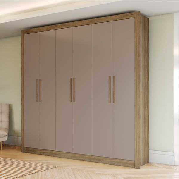 Esse é o modelo de guarda-roupa perfeito para quem quer versatilidade, divisão de espaço e design atual no quarto. Ele é ideal para quarto de solteiro e para quarto de casal, a caixaria possui pintura touch, contando com a textura dos veios da madeira, enquanto as portas possuem acabamento fosco. Uma combinação moderna que deixará seu espaço mais bonito e perfeito. Os puxadores em madeira e a moldura em torno do guarda-roupa deixam ele mais bonito. Ele divide bem o espaço, com nichos de tamanhos diferentes para guardar calçados e roupas nas prateleiras. Os cabideiros são de metal e têm um suporte interno para guardar roupas maiores, como jaquetas e vestidos. Com duas gavetas com corrediças metálicas, você pode guardar roupas pequenas.