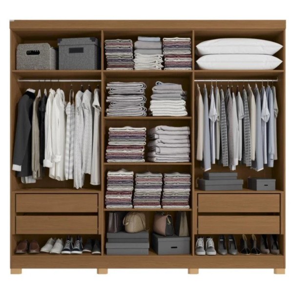 O guarda-roupa de casal com 6 portas, 4 gavetas internas traz um bom espaço interno com 02 cabideiros, 02 nichos para sapatos na parte inferior do guarda-roupa, 03 maleiros e 04 nichos para roupas dobradas ou caixas organizadoras. O guarda-roupa é produzido em MDF na escala de brilho fosco, com revestimento e acabamento em pintura touch. Um diferencial no modelo deste guarda-roupa fica para o puxador em cava meia porta, que traz ainda mais charme e estilo para o seu quarto juntamente com os veios na textura em madeira cor canela e azul profundo trazendo um belo contraste a este mobiliário.