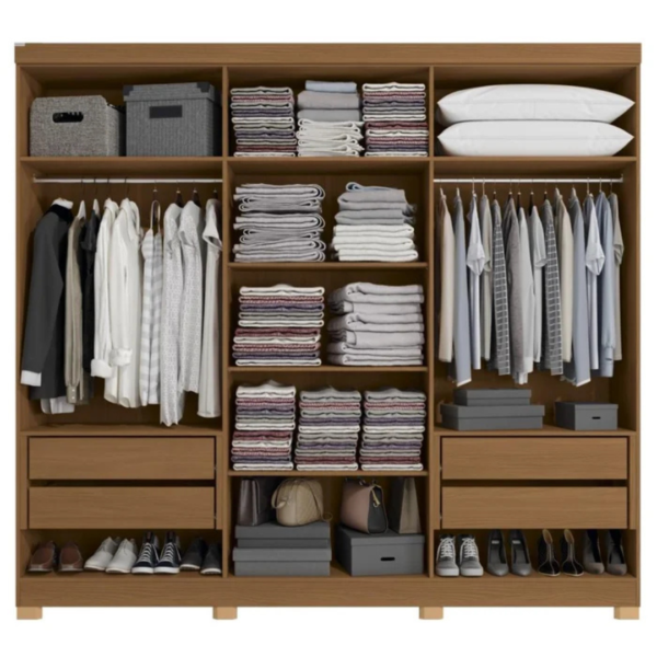 O guarda-roupa de casal com 6 portas, 4 gavetas internas em cor canela traz um bom espaço interno com 02 cabideiros, 02 nichos para sapatos na parte inferior do guarda-roupa, 03 maleiros e 04 nichos para roupas dobradas ou caixas organizadoras. O guarda-roupa é produzido em MDF na escala de brilho fosco, com revestimento e acabamento em pintura touch. Um diferencial no modelo deste guarda-roupa fica para o puxador em cava meia porta, que traz ainda mais charme e estilo para o seu quarto juntamente com os veios na textura em madeira cor canela.