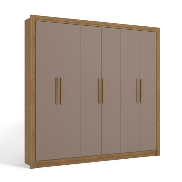 Esse é o modelo de guarda-roupa perfeito para quem quer versatilidade, divisão de espaço e design atual no quarto. Ele é ideal para quarto de solteiro e para quarto de casal, a caixaria possui pintura touch, contando com a textura dos veios da madeira, enquanto as portas possuem acabamento fosco. Uma combinação moderna que deixará seu espaço mais bonito e perfeito. Os puxadores em madeira e a moldura em torno do guarda-roupa deixam ele mais bonito. Ele divide bem o espaço, com nichos de tamanhos diferentes para guardar calçados e roupas nas prateleiras. Os cabideiros são de metal e têm um suporte interno para guardar roupas maiores, como jaquetas e vestidos. Com duas gavetas com corrediças metálicas, você pode guardar roupas pequenas.