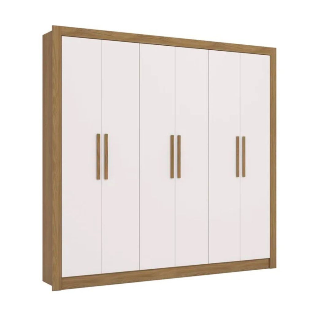 Esse é o modelo de guarda-roupa perfeito para quem quer versatilidade, divisão de espaço e design atual no quarto. Ele é ideal para quarto de solteiro e para quarto de casal, a caixaria possui pintura touch, contando com a textura dos veios da madeira, enquanto as portas possuem acabamento fosco. Uma combinação moderna que deixará seu espaço mais bonito e perfeito. Os puxadores em madeira e a moldura em torno do guarda-roupa deixam ele mais bonito. Ele divide bem o espaço, com nichos de tamanhos diferentes para guardar calçados e roupas nas prateleiras. Os cabideiros são de metal e têm um suporte interno para guardar roupas maiores, como jaquetas e vestidos. Com duas gavetas com corrediças metálicas, você pode guardar roupas pequenas.