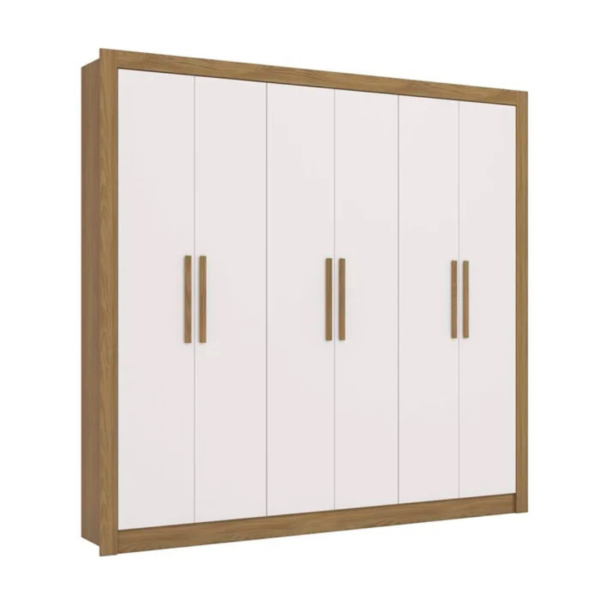 Esse é o modelo de guarda-roupa perfeito para quem quer versatilidade, divisão de espaço e design atual no quarto. Ele é ideal para quarto de solteiro e para quarto de casal, a caixaria possui pintura touch, contando com a textura dos veios da madeira, enquanto as portas possuem acabamento fosco. Uma combinação moderna que deixará seu espaço mais bonito e perfeito. Os puxadores em madeira e a moldura em torno do guarda-roupa deixam ele mais bonito. Ele divide bem o espaço, com nichos de tamanhos diferentes para guardar calçados e roupas nas prateleiras. Os cabideiros são de metal e têm um suporte interno para guardar roupas maiores, como jaquetas e vestidos. Com duas gavetas com corrediças metálicas, você pode guardar roupas pequenas.