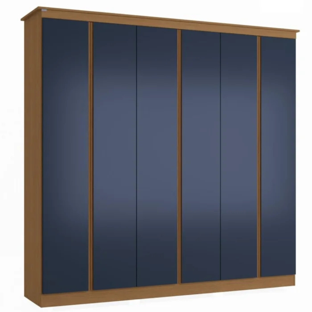 O guarda-roupa de casal com 6 portas, 3 gavetas internas traz um bom espaço interno com 02 cabideiros sendo uma parte para roupas longas, 01 calceiro, 01 nicho para sapatos na parte inferior do guarda-roupa, 03 maleiros e 10 nichos para roupas dobradas ou caixas organizadoras. O guarda-roupa é produzido em MDF na escala de brilho fosco, com revestimento e acabamento em pintura touch. Um diferencial no modelo deste guarda-roupa fica para o puxador em cava meia porta, que traz ainda mais charme e estilo para o seu quarto juntamente com os veios na textura em madeira cor canela e azul profundo.