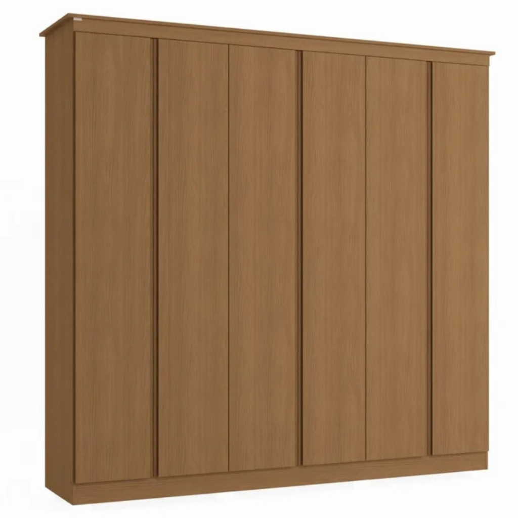 O guarda-roupa de casal com 6 portas, 3 gavetas internas traz um bom espaço interno com 02 cabideiros sendo uma parte para roupas longas, 01 calceiro, 01 nicho para sapatos na parte inferior do guarda-roupa, 03 maleiros e 10 nichos para roupas dobradas ou caixas organizadoras. O guarda-roupa é produzido em MDF na escala de brilho fosco, com revestimento e acabamento em pintura touch. Um diferencial no modelo deste guarda-roupa fica para o puxador em cava meia porta, que traz ainda mais charme e estilo para o seu quarto juntamente com os veios na textura em madeira cor canela.