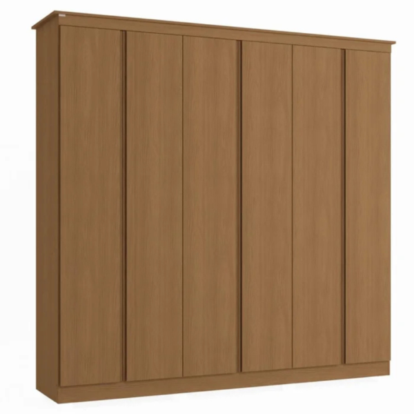 O guarda-roupa de casal com 6 portas, 3 gavetas internas traz um bom espaço interno com 02 cabideiros sendo uma parte para roupas longas, 01 calceiro, 01 nicho para sapatos na parte inferior do guarda-roupa, 03 maleiros e 10 nichos para roupas dobradas ou caixas organizadoras. O guarda-roupa é produzido em MDF na escala de brilho fosco, com revestimento e acabamento em pintura touch. Um diferencial no modelo deste guarda-roupa fica para o puxador em cava meia porta, que traz ainda mais charme e estilo para o seu quarto juntamente com os veios na textura em madeira cor canela.