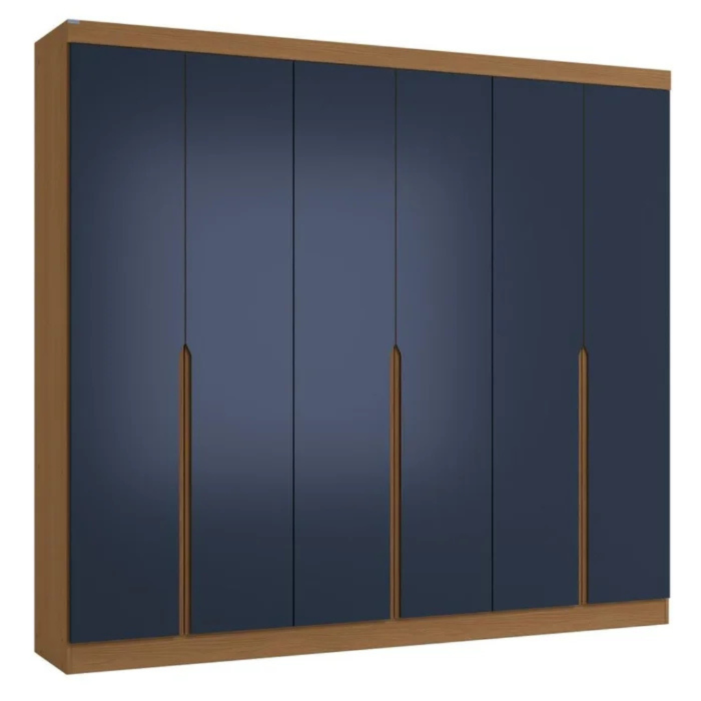 O guarda-roupa de casal com 6 portas, 4 gavetas internas traz um bom espaço interno com 02 cabideiros, 02 nichos para sapatos na parte inferior do guarda-roupa, 03 maleiros e 04 nichos para roupas dobradas ou caixas organizadoras. O guarda-roupa é produzido em MDF na escala de brilho fosco, com revestimento e acabamento em pintura touch. Um diferencial no modelo deste guarda-roupa fica para o puxador em cava meia porta, que traz ainda mais charme e estilo para o seu quarto juntamente com os veios na textura em madeira cor canela e azul profundo trazendo um belo contraste a este mobiliário.