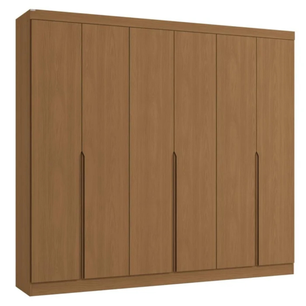 O guarda-roupa de casal com 6 portas, 4 gavetas internas em cor canela traz um bom espaço interno com 02 cabideiros, 02 nichos para sapatos na parte inferior do guarda-roupa, 03 maleiros e 04 nichos para roupas dobradas ou caixas organizadoras. O guarda-roupa é produzido em MDF na escala de brilho fosco, com revestimento e acabamento em pintura touch. Um diferencial no modelo deste guarda-roupa fica para o puxador em cava meia porta, que traz ainda mais charme e estilo para o seu quarto juntamente com os veios na textura em madeira cor canela.