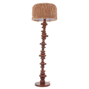Luminária feita em resina com base dos pés em formato de pedras redondas empilhadas com aspecto de madeira natural marrom, e cúpula de tecido tapeçaria felpudo em tonalidade bege. Peça de design elegante que agrega um diferencial a decoração. Bivolt, possui 01 soquete tipo E27, potência máxima de 60w e não acompanha lâmpada.