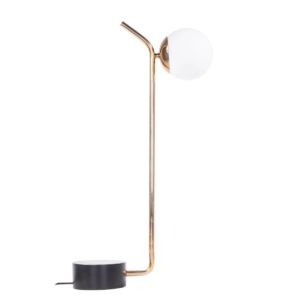 Luminária de mesa feito em madeira, resina e vidro em cor dourado e com esfera branca na parte superior da luminária e base preta. Peça de design simples e elegante, agrega um diferencial a decoração. Desenvolvido e fabricado nacionalmente pela Modali Design.