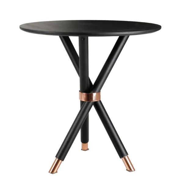Mesa feita em madeira com anel de cobre unindo os três pés entrelaçados, detalhes também em cobre na base dos pés. Móvel elegante, agrega um diferencial a decoração, pode ser usada em salas, escritórios e quartos. Criação desenvolvida por Andrés Fernandez e fabricado nacionalmente pela Modali Design.
