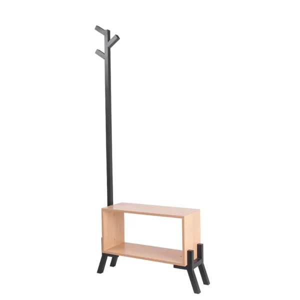Móvel cabideiro para organizar bolsas e casacos do dia a dia, o móvel é feito em madeira clara com pés pretos robustos elevados para deixar o nicho para sapatos suspenso. Com design diferenciado e simples, agrega valor ao seu ambiente, pode ser utilizado em halls, salas, quartos e escritórios. Desenvolvido e fabricado nacionalmente pela Modali Design.
