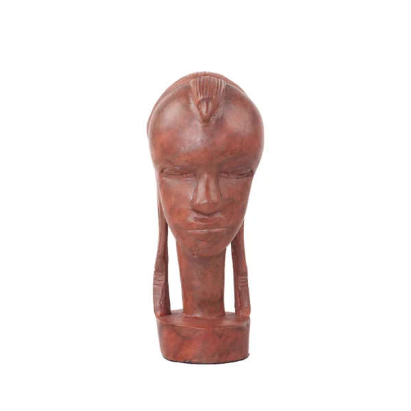 Escultura de resina com desenho artístico de um rosto de uma mulher africana com riqueza de detalhes. Adorno de acabamento liso criado para ser exposto sobre mesas, aparadores, estantes e prateleiras. Desenvolvido e fabricado nacionalmente pela Modali Design.