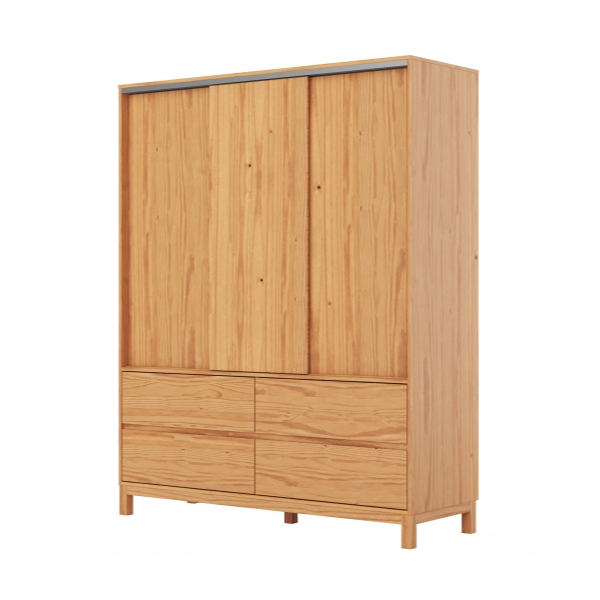 O guarda-roupa de casal com 6 portas, 3 gavetas internas traz um bom espaço interno com 02 cabideiros sendo uma parte para roupas longas, 01 calceiro, 01 nicho para sapatos na parte inferior do guarda-roupa, 03 maleiros e 10 nichos para roupas dobradas ou caixas organizadoras. O guarda-roupa é produzido em MDF na escala de brilho fosco, com revestimento e acabamento em pintura touch. Um diferencial no modelo deste guarda-roupa fica para o puxador em cava meia porta, que traz ainda mais charme e estilo para o seu quarto juntamente com os veios na textura em madeira cor canela.