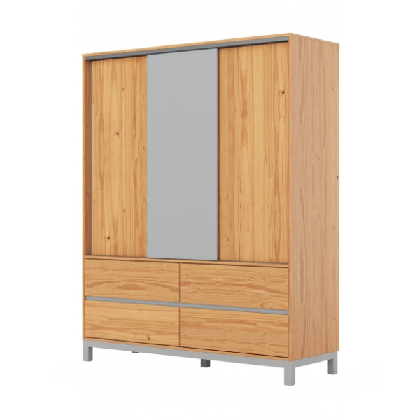 O guarda-roupa de casal com 6 portas, 3 gavetas internas traz um bom espaço interno com 02 cabideiros sendo uma parte para roupas longas, 01 calceiro, 01 nicho para sapatos na parte inferior do guarda-roupa, 03 maleiros e 10 nichos para roupas dobradas ou caixas organizadoras. O guarda-roupa é produzido em MDF na escala de brilho fosco, com revestimento e acabamento em pintura touch. Um diferencial no modelo deste guarda-roupa fica para o puxador em cava meia porta, que traz ainda mais charme e estilo para o seu quarto juntamente com os veios na textura em madeira cor canela.