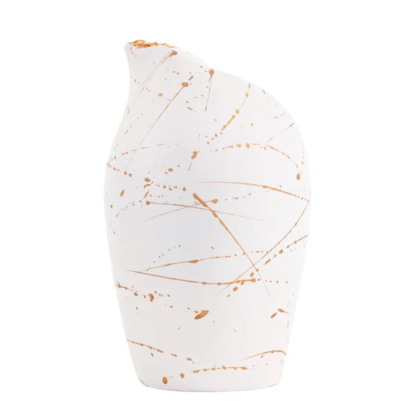 Vaso em resina lisa listrado em tonalidade branca, com design orgânico e acabamento interno em dourado. Peça de design moderno com toque sutil, pode ser utilizado com o seu arranjo sobre mesas e estantes. Desenvolvido e fabricado nacionalmente pela Modali Design.