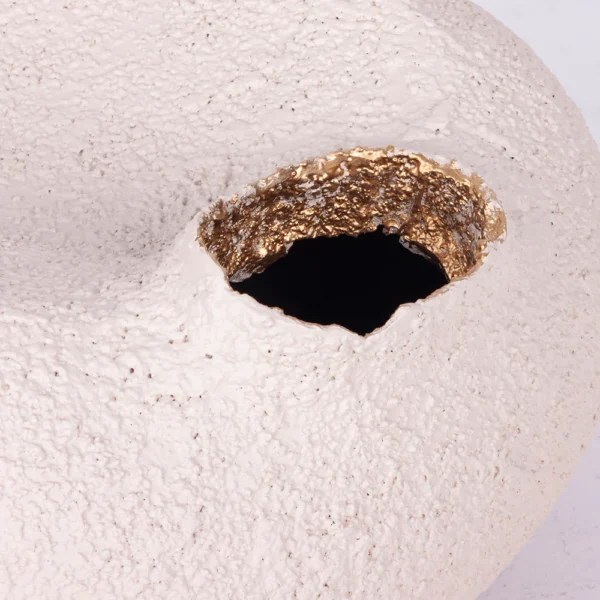Vaso em resina com aspecto rustico em tonalidade areia com design orgânico e acabamento interno em dourado. Peça de design moderno com toque sutil, pode ser utilizado com o seu arranjo sobre mesas e estantes. Desenvolvido e fabricado nacionalmente pela Modali Design.
