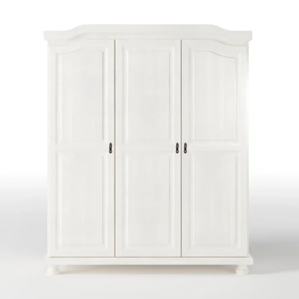 O guarda-roupa Bastian é um clássico. Ideal para você que gosta de um estilo provençal na decoração. Ele é fabricado em madeira maciça de pinus, conta com 03 portas, 01 cabideiro, 03 prateleiras e 01 maleiro. Sem contar com o acabamento branco que combina com tudo, você pode mesclar com tons suaves e tecidos florais, trazendo estilo, charme e delicadeza para o seu ambiente.